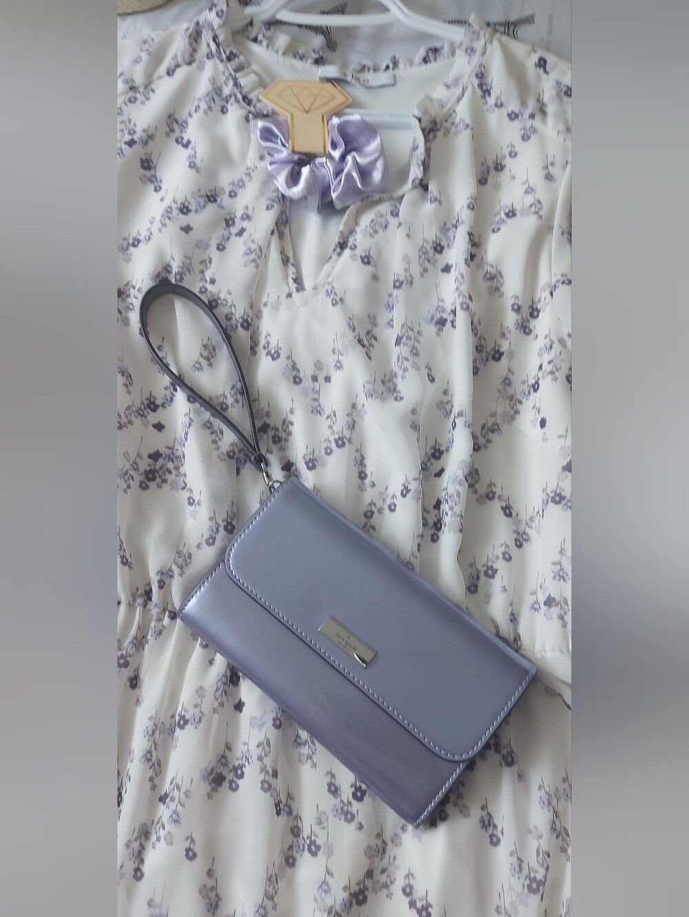 *Cleo* Women's white and purple floral tiered midi dress + Kate Spade clutch